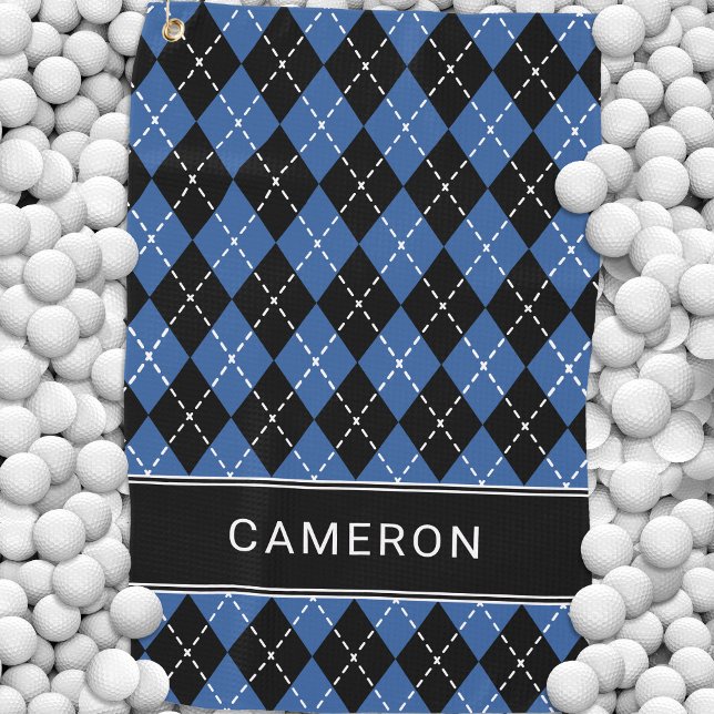 Argyle Plaid Custom Create Name Black Blue Golf Towel (Argyle Plaid Custom Create Name Black Blue Golf Towel)