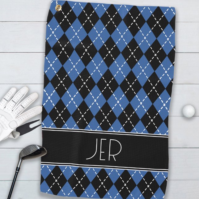 Argyle Plaid Custom Monogram Initials Black Blue Golf Towel (Argyle Plaid Custom Monogram Initials Black Blue Golf Towel)