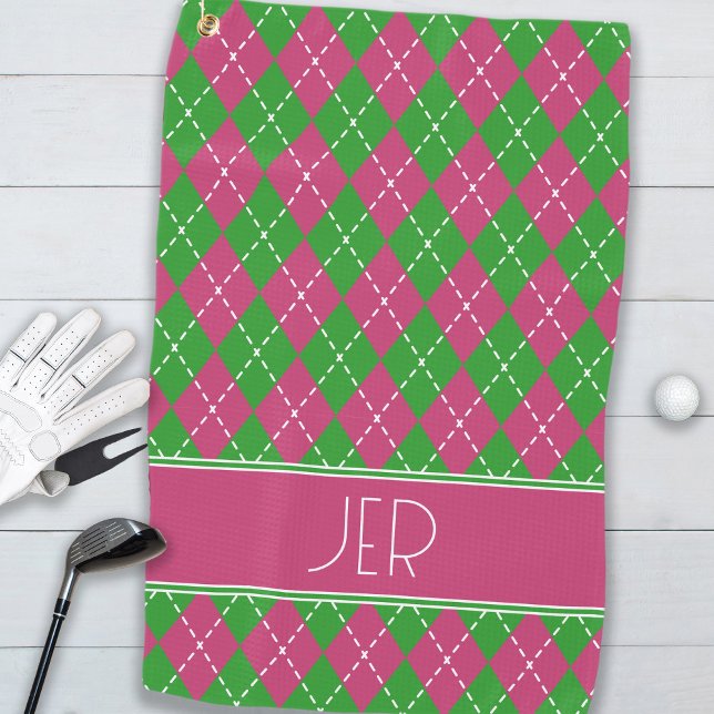 Argyle Plaid Pink Green Custom Monogram Initials Golf Towel (Argyle Plaid Pink Green Custom Monogram Initials Golf Towel)