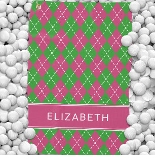 Argyle Plaid Pink Green Custom Name Preppy Golf Towel