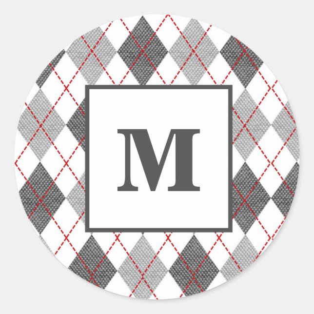 Argyle Plaid Red Grey Silver Custom Monogram Classic Round Sticker (Front)