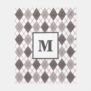 Argyle Plaid Red Grey Silver Custom Monogram Fleece Blanket