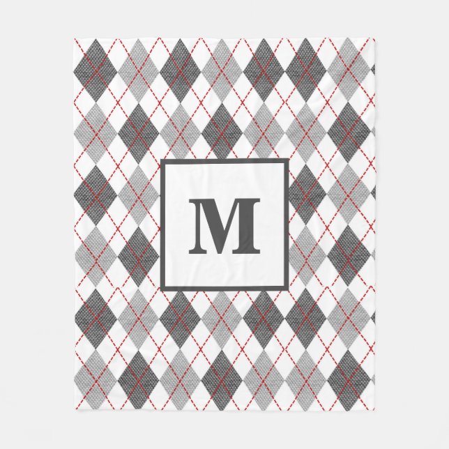 Argyle Plaid Red Grey Silver Custom Monogram Fleece Blanket (Front)