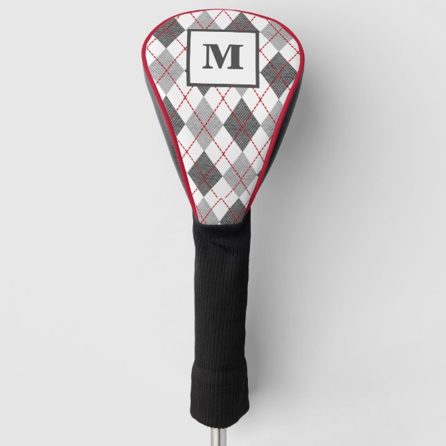 Argyle Plaid Red Grey Silver Golf Custom Monogram Head Cover (Front)