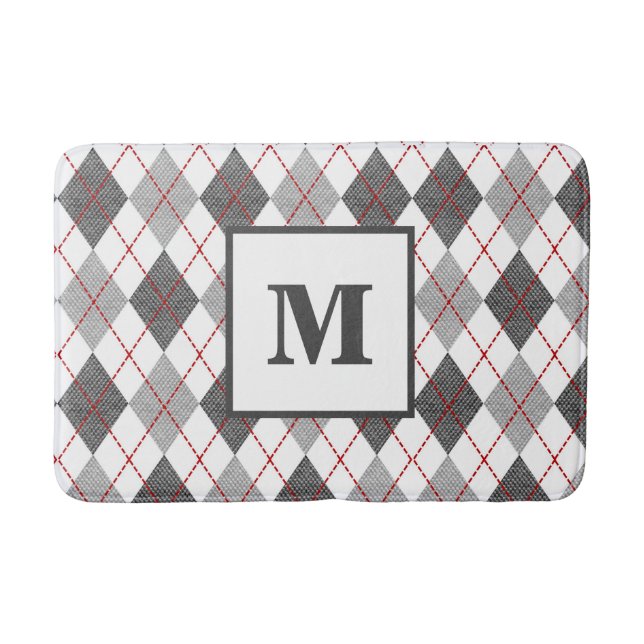 Argyle Plaid Red Grey Silver Monogram Bath Mat (Front)