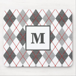 Argyle Plaid Red Grey Silver Monogram Mouse Mat