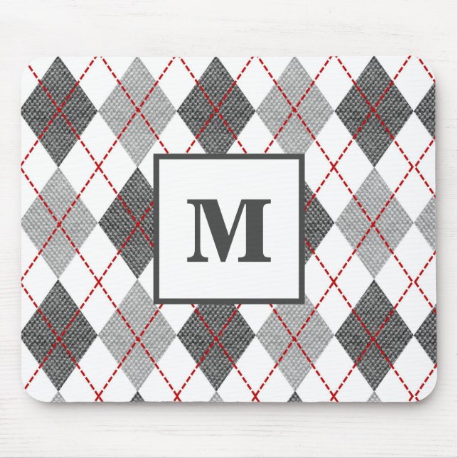 Argyle Plaid Red Grey Silver Monogram Mouse Mat (Front)