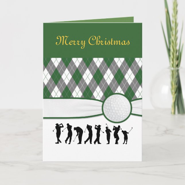 Argyle plaid with ribbon greeting Christmas card. Holiday Card (Front)