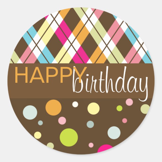 Argyle & Polka Dot Happy Birthday Classic Round Sticker (Front)