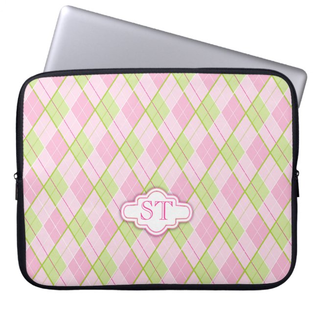 Argyle style pattern pink monogram laptop case (Front)