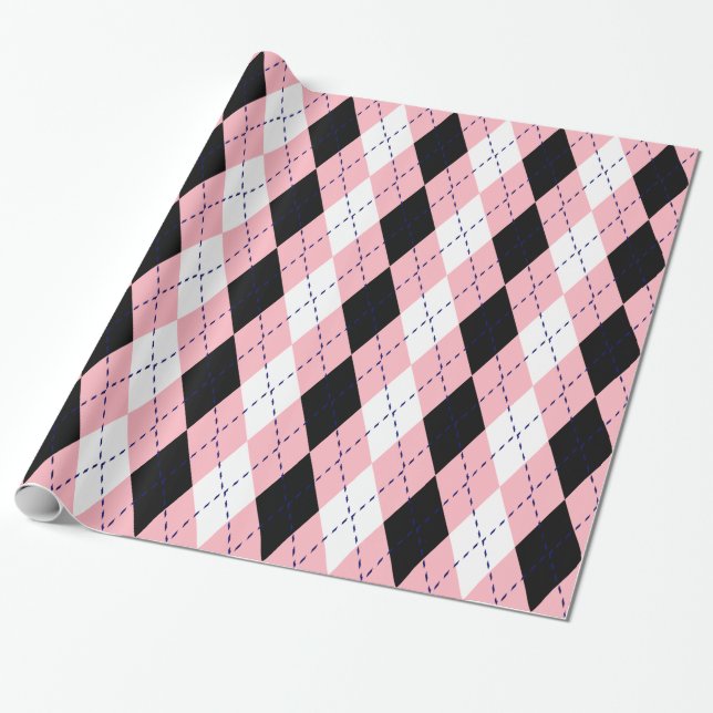 Argyle XL Pink Navy Blue Wht Wrapping Paper (Unrolled)