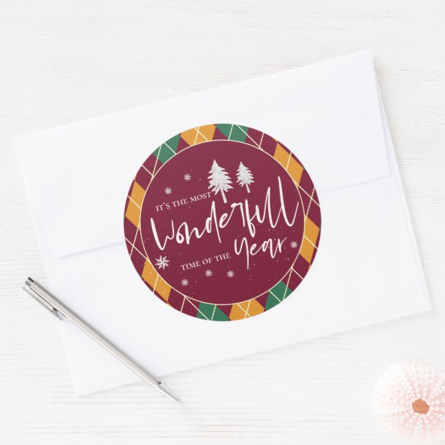 Argyle Yellow Orange Green Merry Christmas Classic Round Sticker (Envelope)