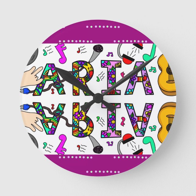 Aria, Girl's Name Whimsical Flowers Music Themed Round Clock (Front)