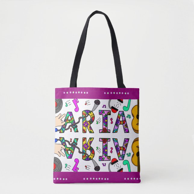 Aria, Girl's Name Whimsical Flowers Music Themed Tote Bag (Front)
