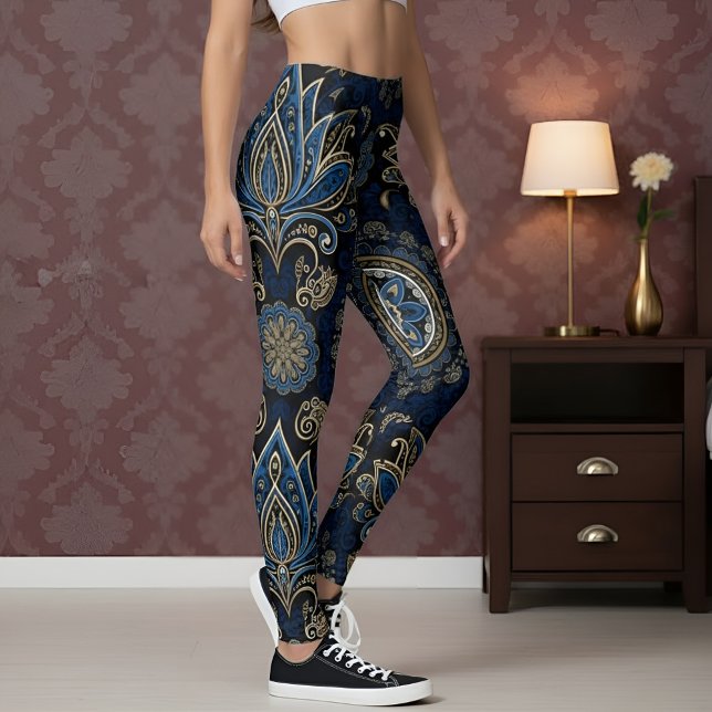 Aria Grace Cobalt Lotus Paisley Ornamental Design Leggings (Pose 2.2 – Standing Elegance in Bedroom)