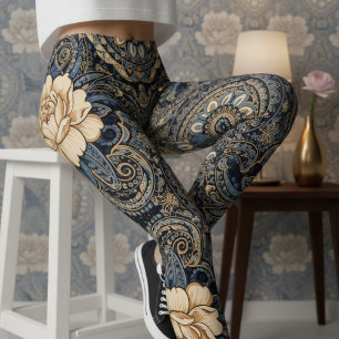 Aria Grace Midnight Blue Peony Paisley Heritage Leggings