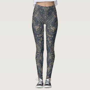 Aria Grace Navy Peony Paisley Heritage Tapestry Leggings