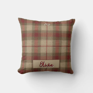 Aria Grace Olive & Wheat Rustic Plaid Pattern Name Cushion