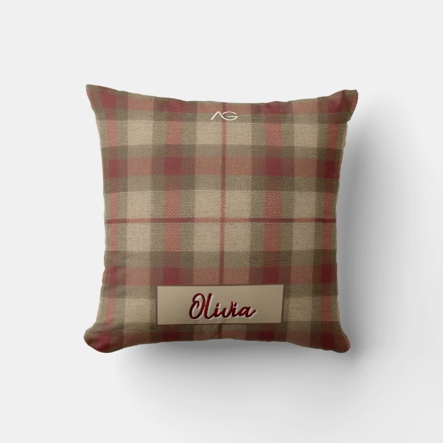 Aria Grace Olive & Wheat Rustic Plaid Pattern Name Cushion (Front)