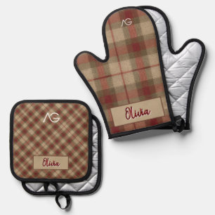 Aria Grace Olive & Wheat Rustic Plaid Pattern Name Oven Mitt & Pot Holder Set