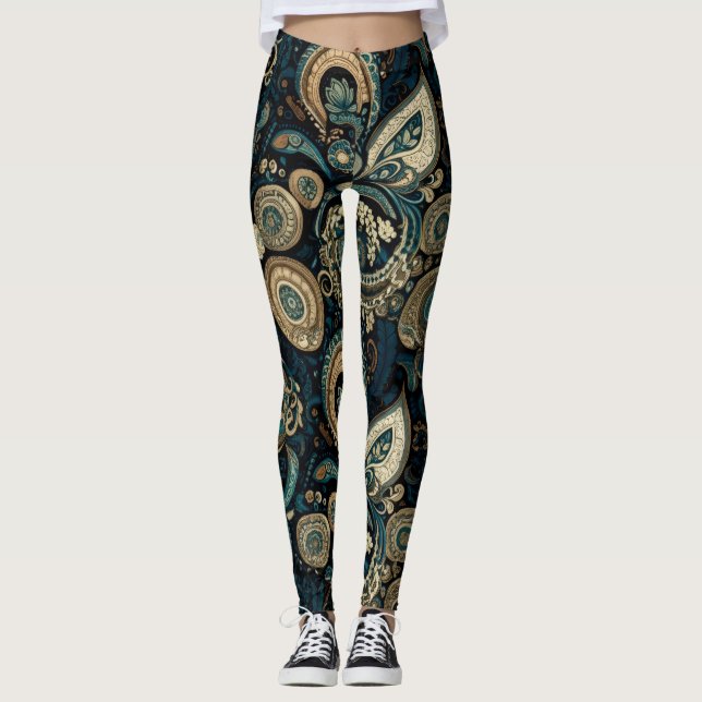 Aria Grace Peony Paisley Heritage Midnight Blue  Leggings (Front)