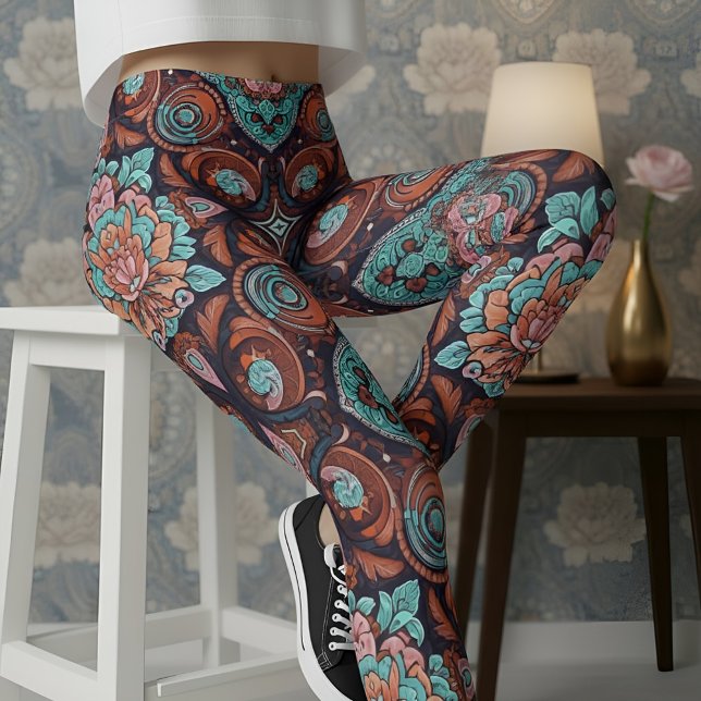 Aria Grace Radiant Paisley Peony Boho Vintage Leggings (Pose 4 – Seated Confidence on the Stool)