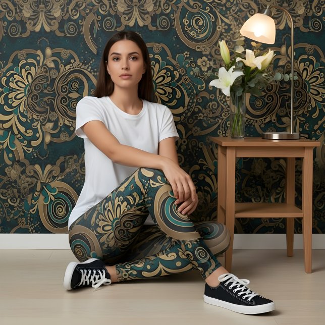 Aria Grace Teal Chrysanthemum Paisley Heritage Leggings (🖤 Pose 13.3 – Refined Serenity in Patterned Harmony)