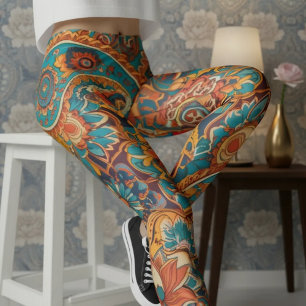 Aria Grace Vibrant Turquoise Mustard Paisley Leggings