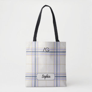 AriaGrace Ivory & Lavender Luxe Plaid Pattern Name Tote Bag