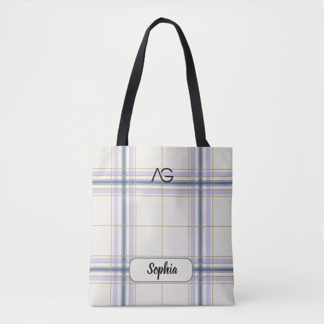 AriaGrace Ivory & Lavender Luxe Plaid Pattern Name Tote Bag (Front)