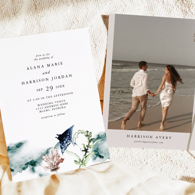 ARIEL Tropical Ocean Coral Manta Ray Beach Photo Invitation (Creator Uploaded)