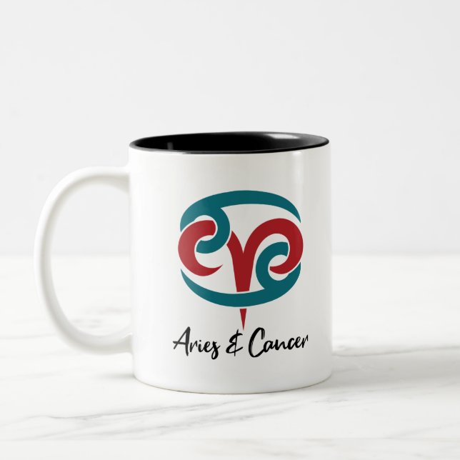Aries and Cancer Zodiac Couple Horoscope Two-Tone Coffee Mug (Left)