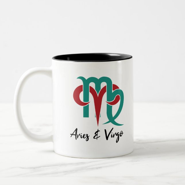 Aries and Virgo Zodiac Couple Horoscope Two-Tone Coffee Mug (Left)
