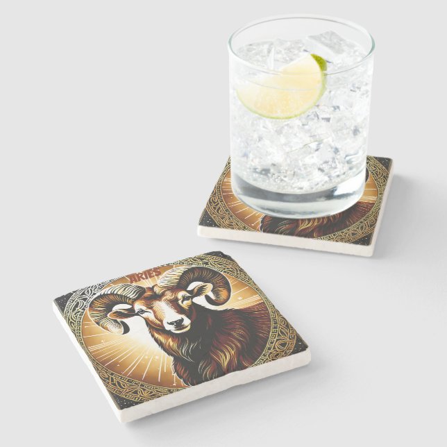 Aries astrological sign stone coaster (Side)