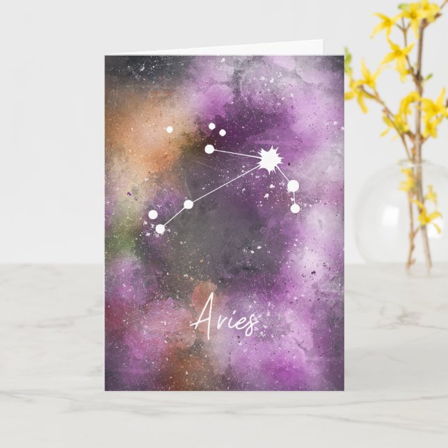 Aries Constellation Zodiac Purple Galaxy Card (Yellow Flower)