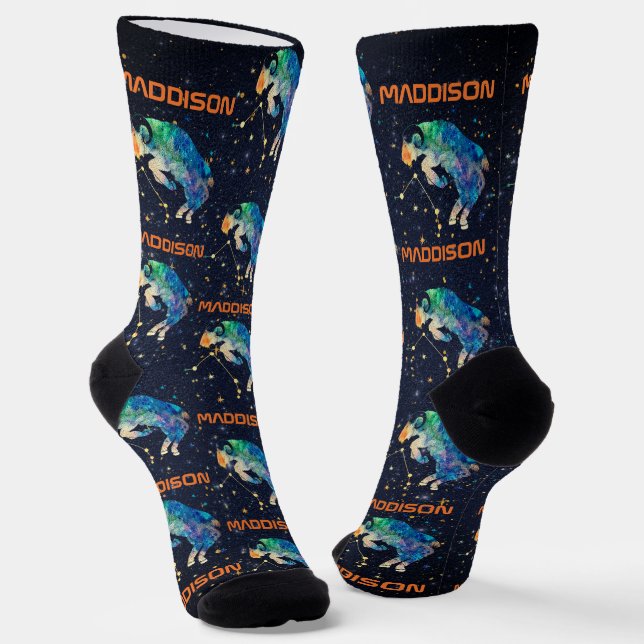 Aries Constellation Zodiac Watercolor Stars Galaxy Socks (Angled)