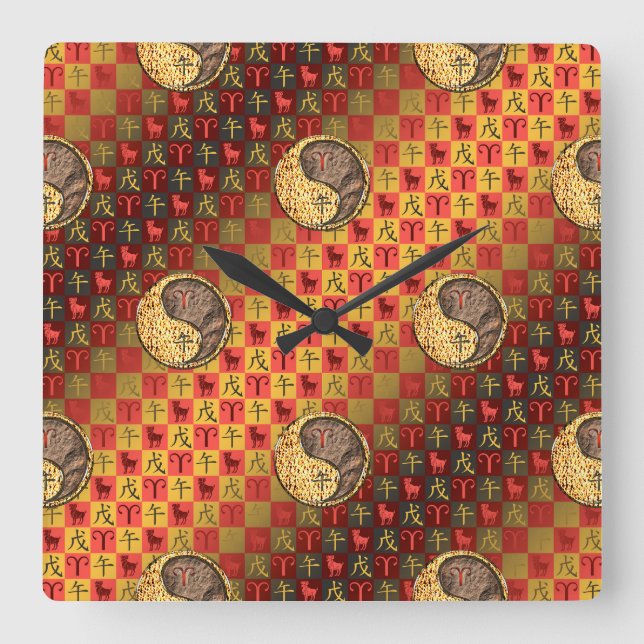 Aries & Earth Horse Square Wall Clock (Front)