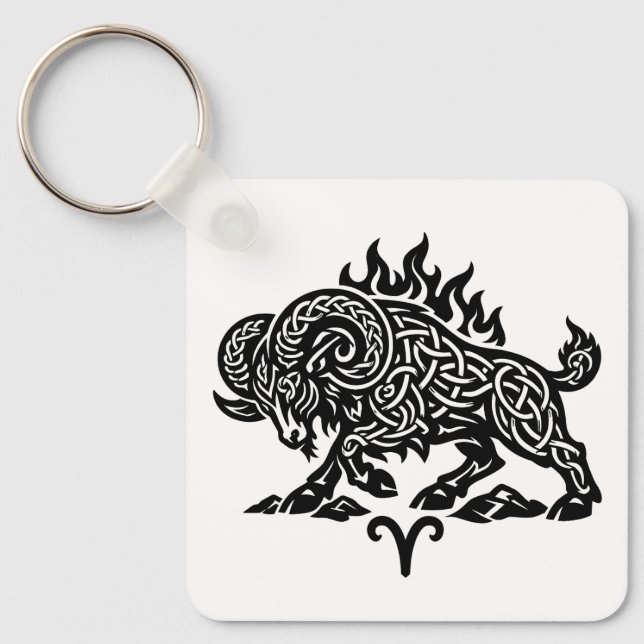 Aries Fire‑Ram – Celtic Haunted Ink Zodiac Key Ring (Front)