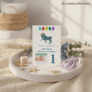 Aries First Birthday Gold & Balloons & Photo Invitation
