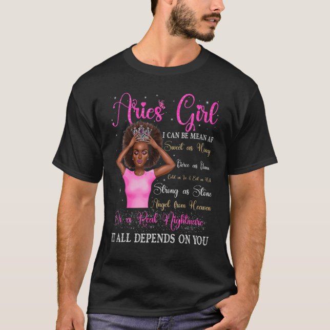 Aries Girl Black Queen Zodiac Birthday Afro Women  T-Shirt (Front)