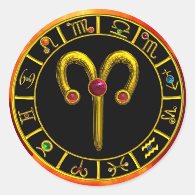 ARIES  GOLD ZODIAC BIRTHDAY JEWEL ASTROLOGY CHART CLASSIC ROUND STICKER (Front)