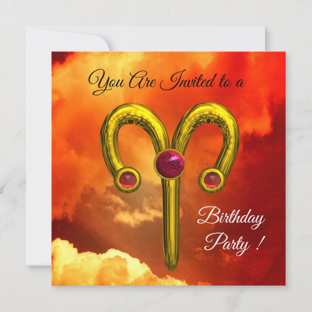 ARIES ,GOLD ZODIAC BIRTHDAY PARTY Red Yellow Sky Invitation (Front)