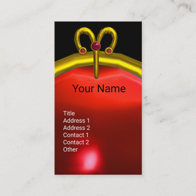 ARIES GOLD ZODIAC JEWEL RED RUBY MONOGRAM Black Business Card (Front)
