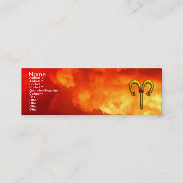 ARIES GOLD ZODIAC SIGN JEWEL ,Yellow Red Flames Mini Business Card (Front)