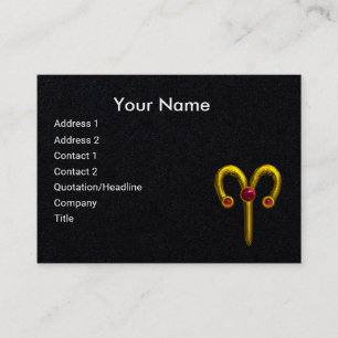 ARIES ,GOLD ZODIAC SIGN,Red Ruby Gem Black Paper Business Card
