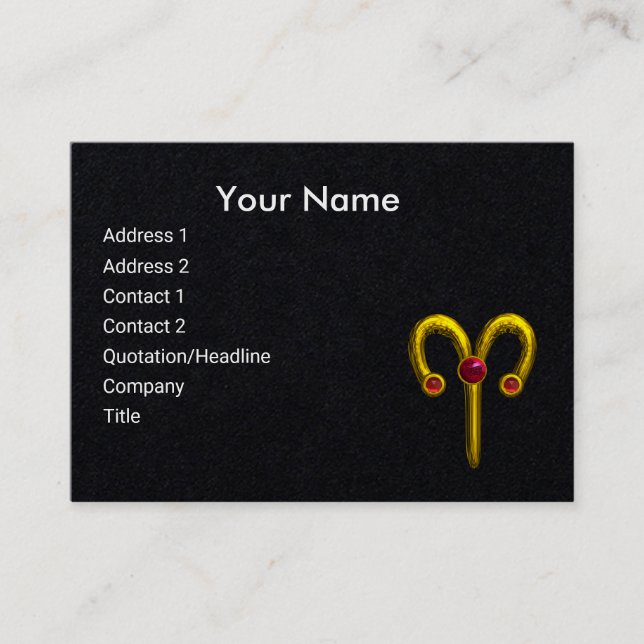 ARIES ,GOLD ZODIAC SIGN,Red Ruby Gem Black Paper Business Card (Front)
