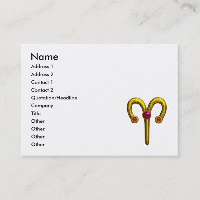 ARIES / GOLD ZODIAC SIGN,Red Ruby Gem, White Business Card (Front)