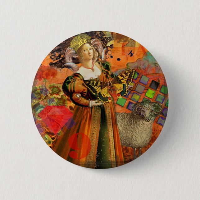 Aries Orange Woman: Gothic Ram Antique Art Collage 6 Cm Round Badge (Front)