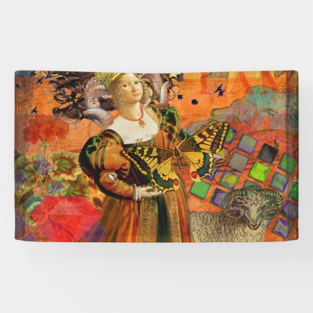 Aries Orange Woman: Gothic Ram Antique Art Collage Banner (Horizontal)