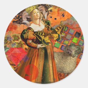 Aries Orange Woman: Gothic Ram Antique Art Collage Classic Round Sticker